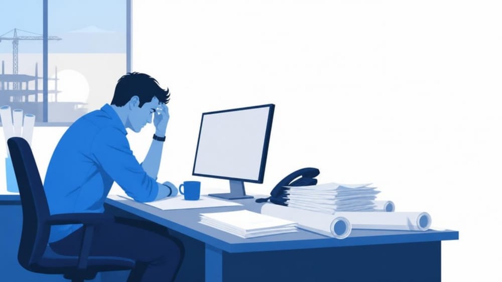 An estimator sitting at his desk with a hand on his forehead, a blank monitor in front of him, drawings and papers piled up